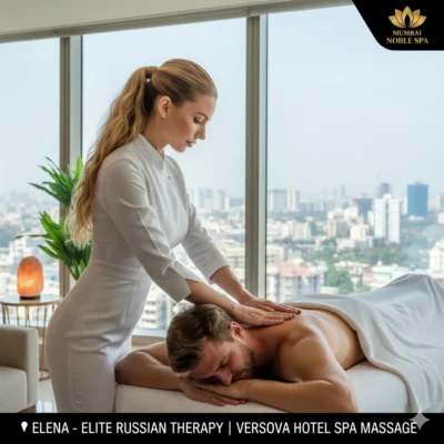 Elena Russian therapist in white uniform providing 5-star hotel spa massage in Versova Mumbai.