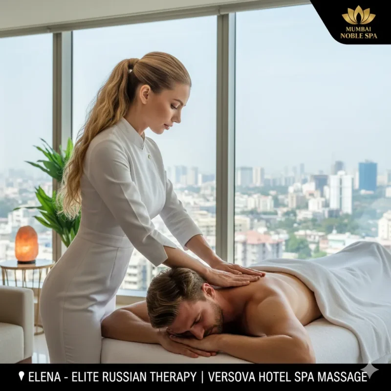 Elena Russian therapist in white uniform providing 5-star hotel spa massage in Versova Mumbai.