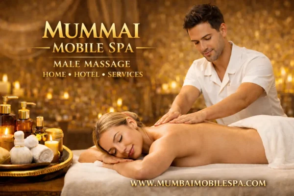 Professional male massage therapist giving relaxing massage to female client in luxury golden spa setup with towel coverage – Mumbai Mobile Spa