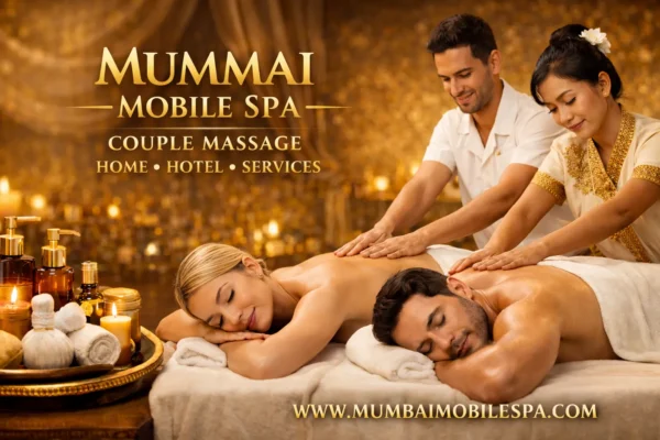 Luxury couple massage by male and female therapists in golden hotel spa setup with white towel coverage – Mumbai Mobile Spa