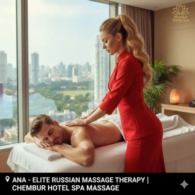 Ana Russian massage therapist in red professional uniform providing luxury hotel spa therapy in Chembur Mumbai.