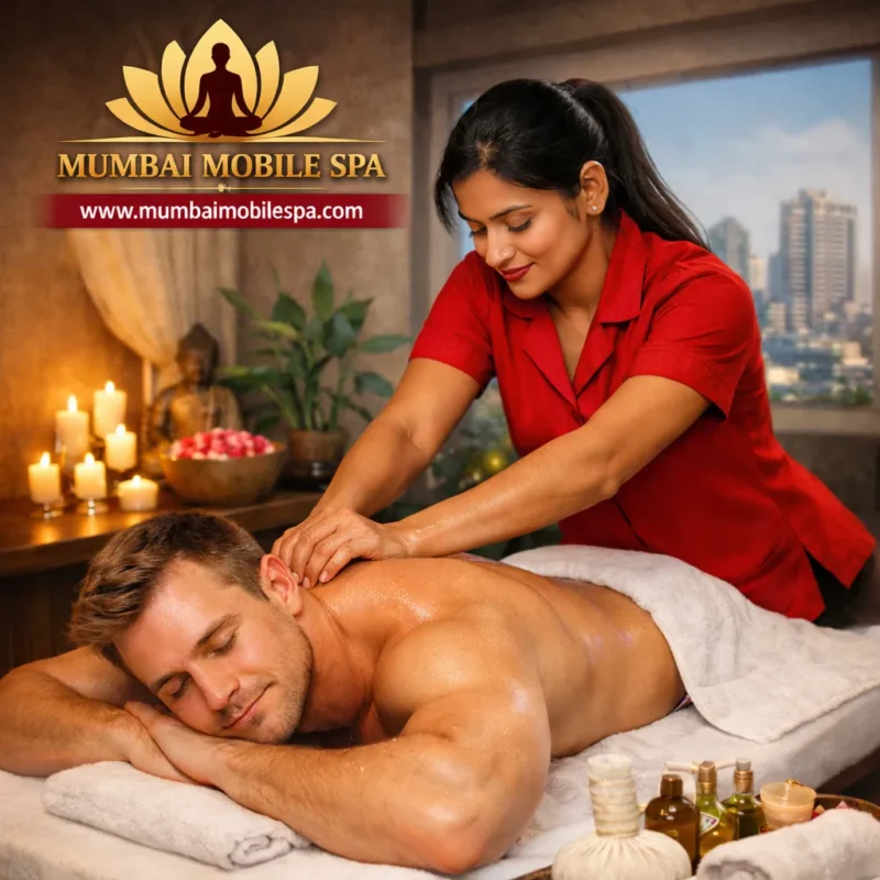 KOMAL INDIAN DEEP TISSUE MASSAGE THERAPIST IN RED UNIFORM PROVIDING DAYTIME SPA SERVICE TO FOREIGN MALE CLIENT AT LOWER PAREL HOTEL MUMBAI