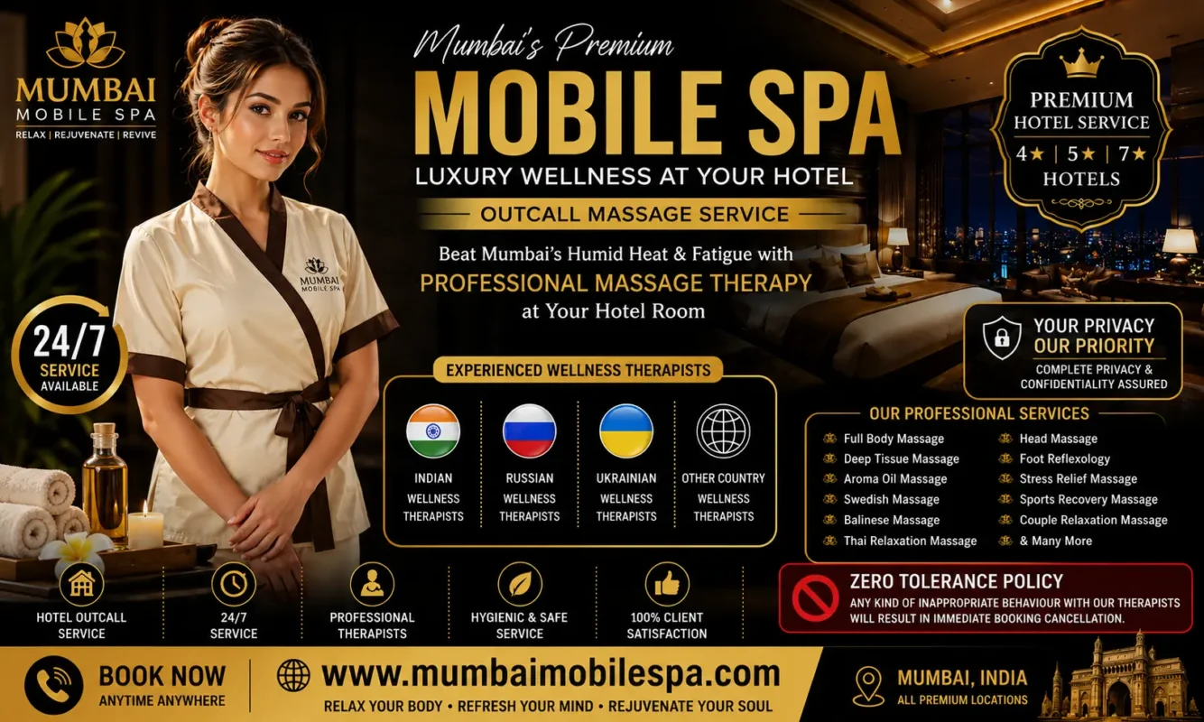Professional therapist providing a luxury in-room massage service in a Mumbai 5-star hotel suite.