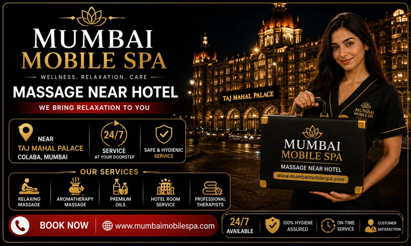 Mumbai Mobile Spa therapist holding spa kit near Taj Mahal Palace Hotel Colaba Mumbai with 24/7 hotel room massage service.